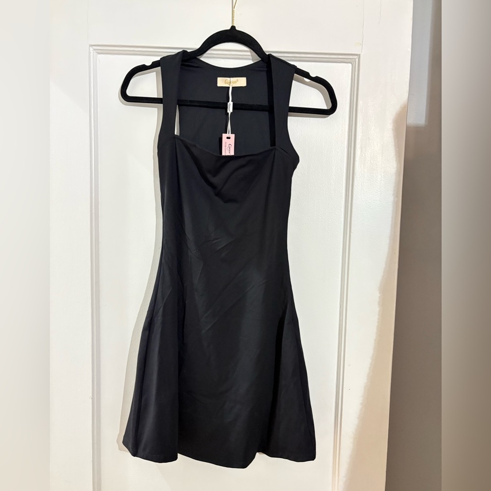 QINSEN Women's Square Neck Bodice Dress Sleeveless Stretch Flare Mini Dresses